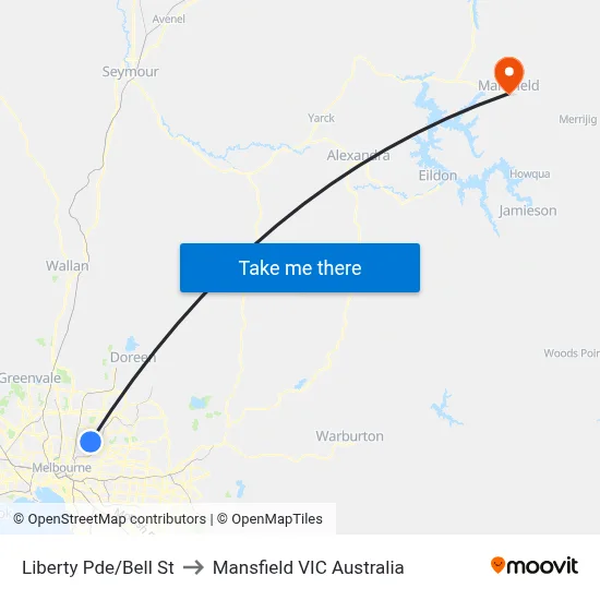 Liberty Pde/Bell St to Mansfield VIC Australia map