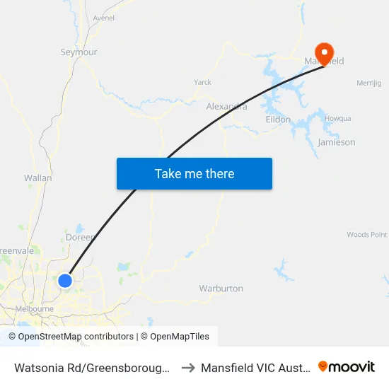 Watsonia Rd/Greensborough Hwy to Mansfield VIC Australia map