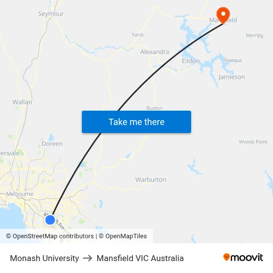 Monash University to Mansfield VIC Australia map