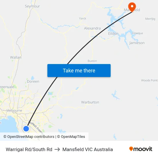 Warrigal Rd/South Rd to Mansfield VIC Australia map