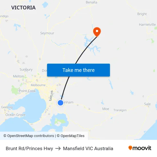 Brunt Rd/Princes Hwy to Mansfield VIC Australia map
