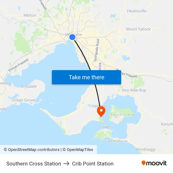 Southern Cross Station to Crib Point Station map