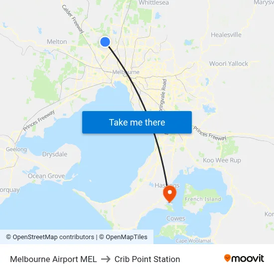 Melbourne Airport MEL to Crib Point Station map