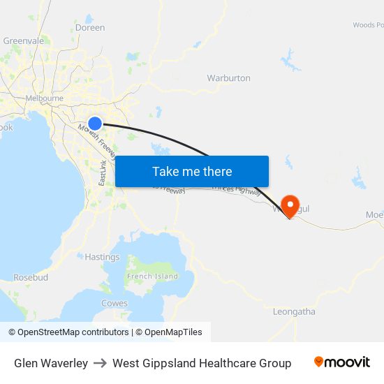 Glen Waverley to West Gippsland Healthcare Group map