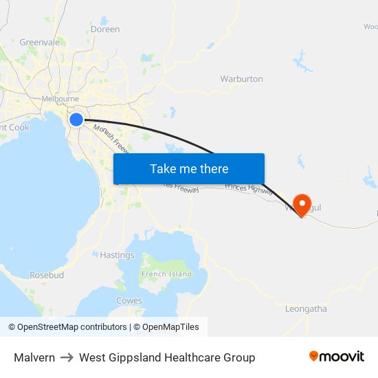 Malvern to West Gippsland Healthcare Group map