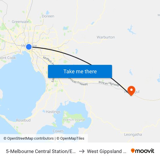 5-Melbourne Central Station/Elizabeth St (Melbourne City) to West Gippsland Healthcare Group map