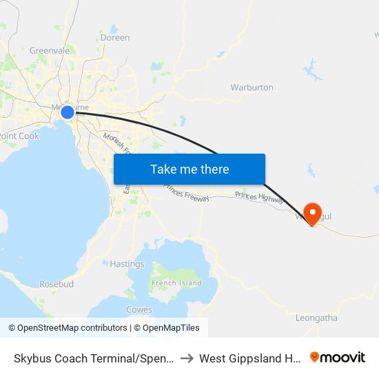 Skybus Coach Terminal/Spencer St (Melbourne City) to West Gippsland Healthcare Group map