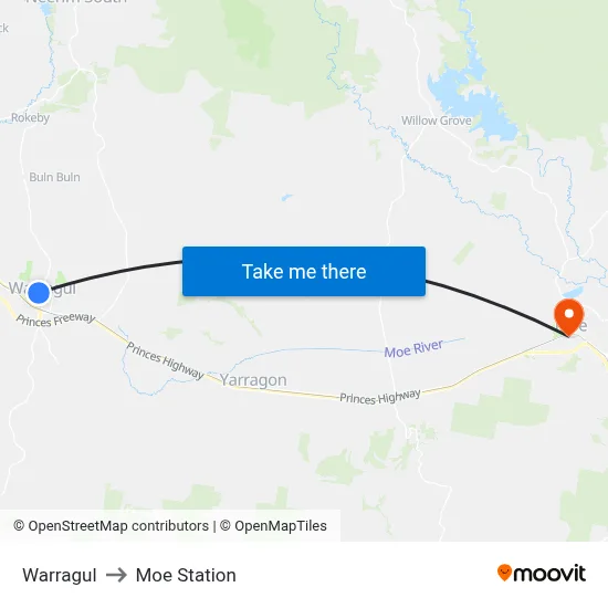 Warragul to Moe Station map