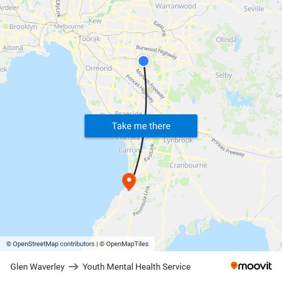 Glen Waverley to Youth Mental Health Service map