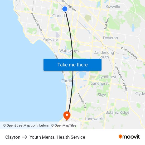Clayton to Youth Mental Health Service map