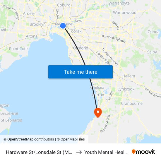 Hardware St/Lonsdale St (Melbourne City) to Youth Mental Health Service map