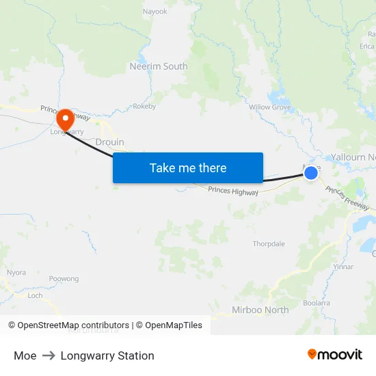 Moe to Longwarry Station map