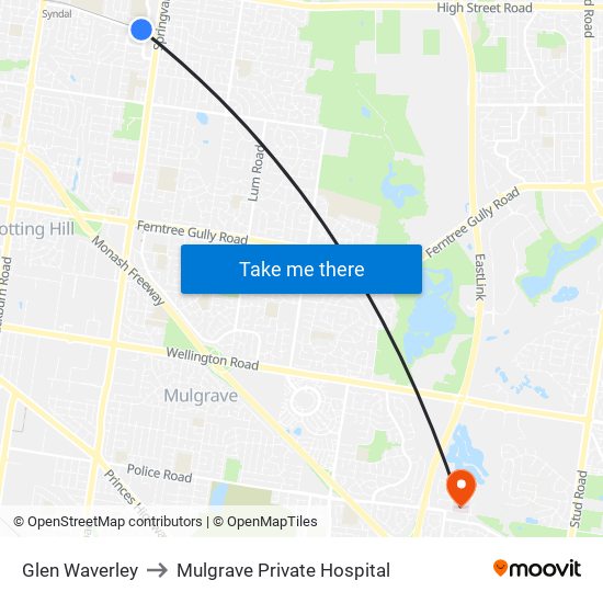 Glen Waverley to Mulgrave Private Hospital map