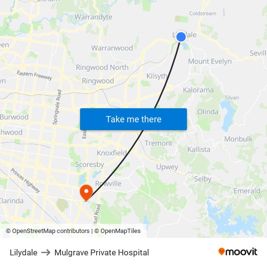 Lilydale to Mulgrave Private Hospital map