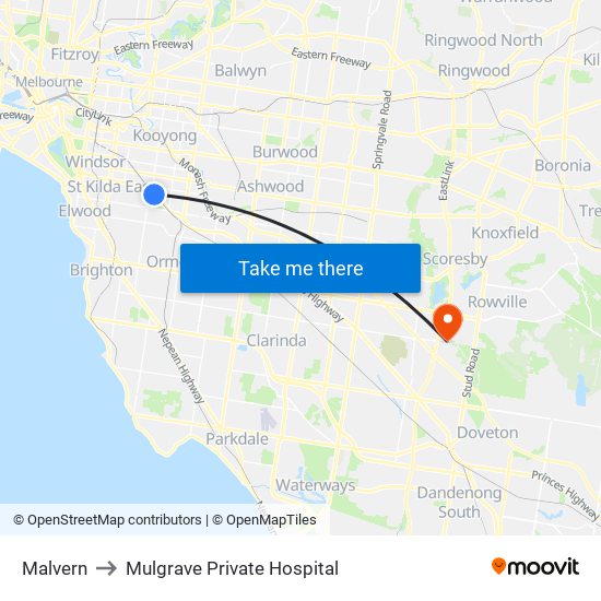 Malvern to Mulgrave Private Hospital map