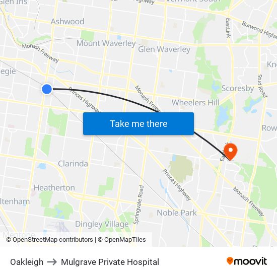 Oakleigh to Mulgrave Private Hospital map