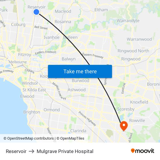 Reservoir to Mulgrave Private Hospital map