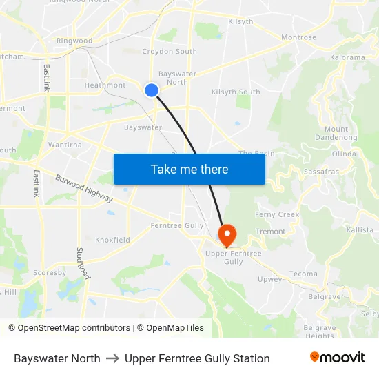 Bayswater North to Upper Ferntree Gully Station map