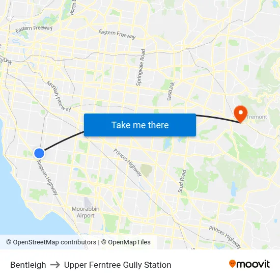 Bentleigh to Upper Ferntree Gully Station map