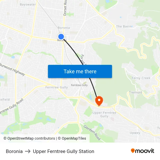 Boronia to Upper Ferntree Gully Station map