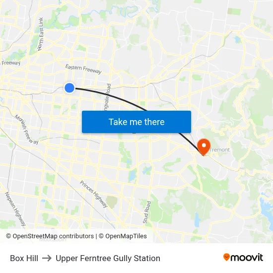 Box Hill to Upper Ferntree Gully Station map