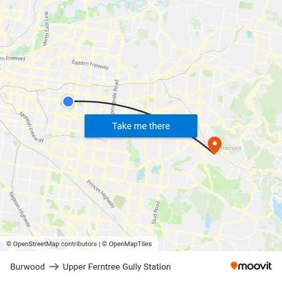 Burwood to Upper Ferntree Gully Station map