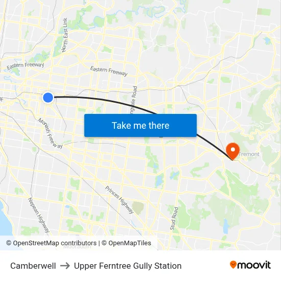 Camberwell to Upper Ferntree Gully Station map