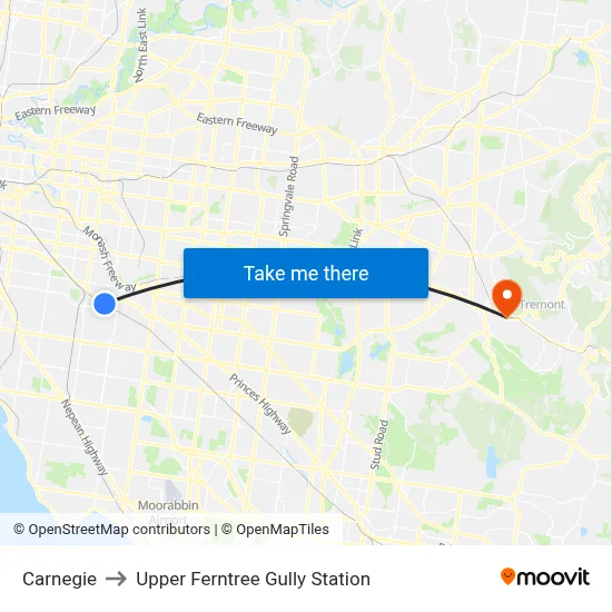 Carnegie to Upper Ferntree Gully Station map