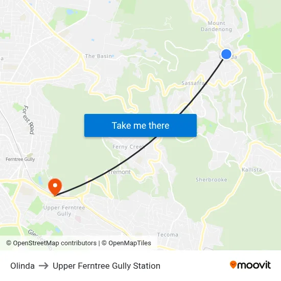 Olinda to Upper Ferntree Gully Station map