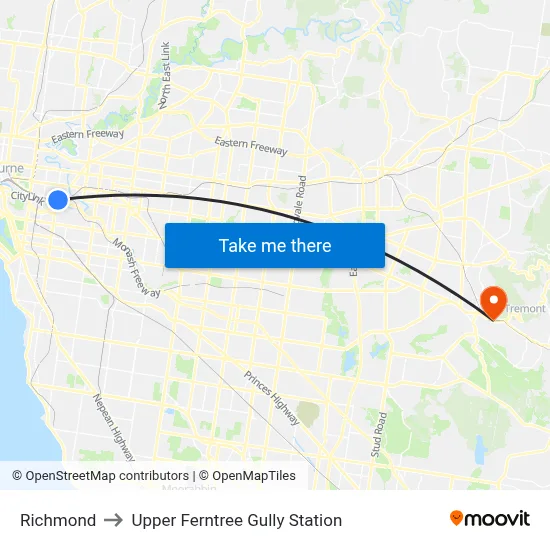 Richmond to Upper Ferntree Gully Station map