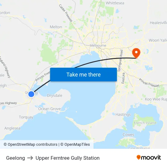Geelong to Upper Ferntree Gully Station map