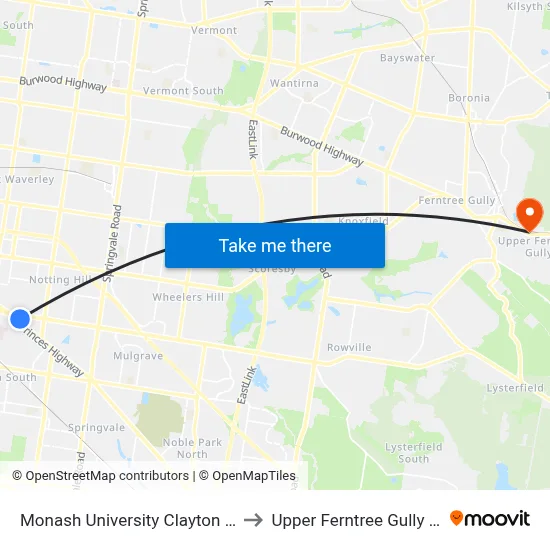 Monash University Clayton Campus to Upper Ferntree Gully Station map