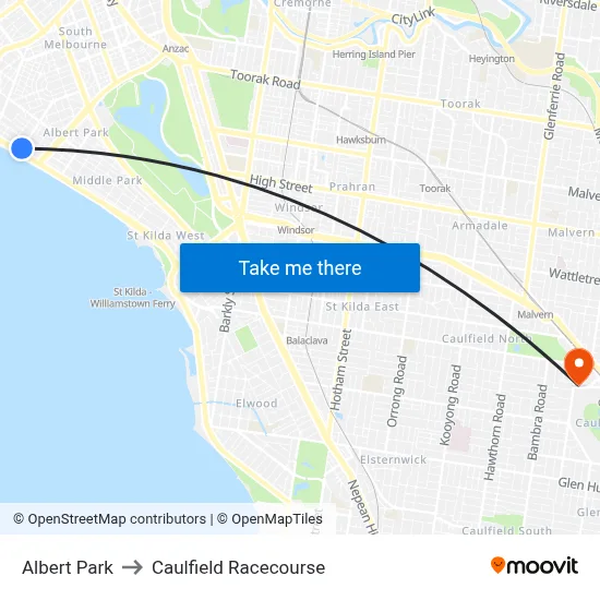 Albert Park to Caulfield Racecourse map