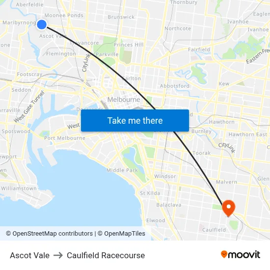 Ascot Vale to Caulfield Racecourse map