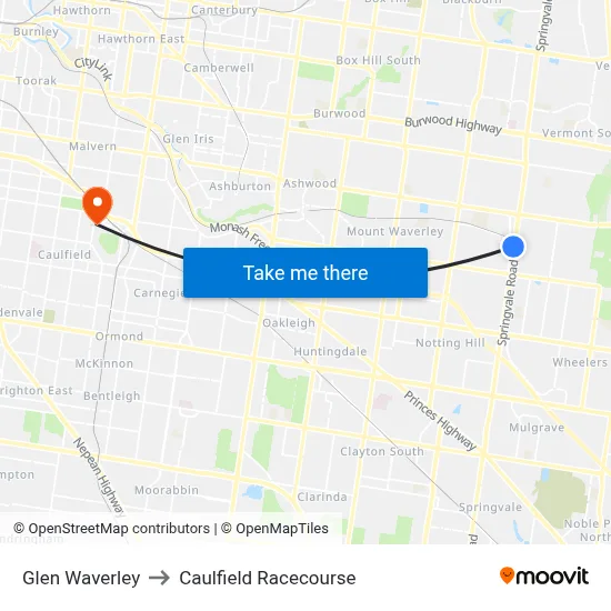 Glen Waverley to Caulfield Racecourse map