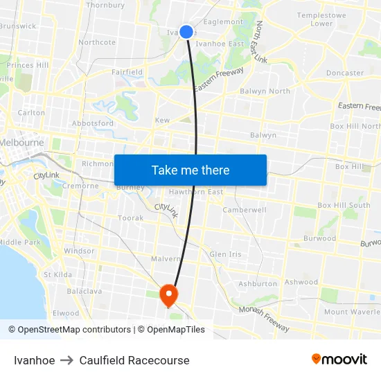 Ivanhoe to Caulfield Racecourse map