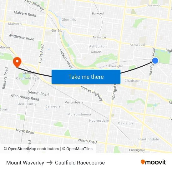 Mount Waverley to Caulfield Racecourse map