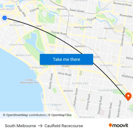 South Melbourne to Caulfield Racecourse map