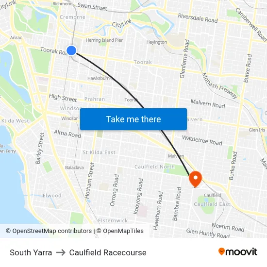 South Yarra to Caulfield Racecourse map