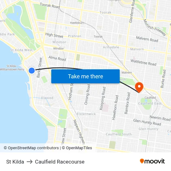 St Kilda to Caulfield Racecourse map