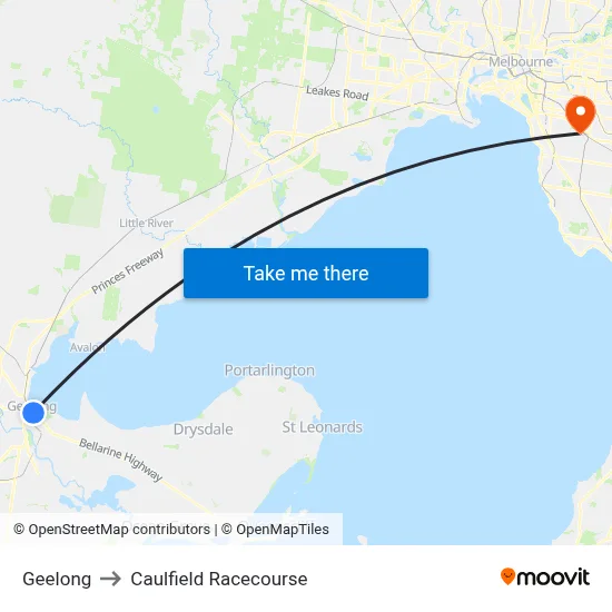 Geelong to Caulfield Racecourse map