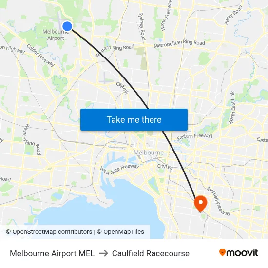 Melbourne Airport MEL to Caulfield Racecourse map