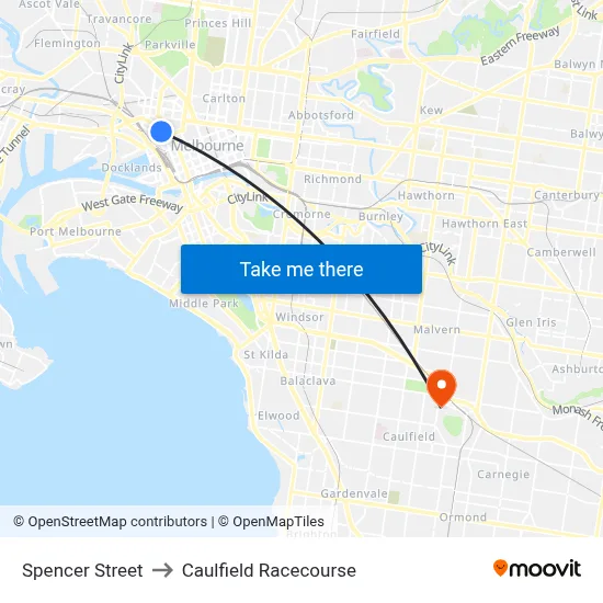 Spencer Street to Caulfield Racecourse map