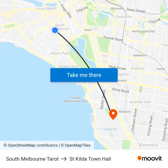 South Melbourne Tarot to St Kilda Town Hall map
