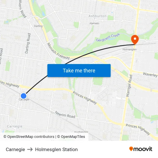 Carnegie to Holmesglen Station map