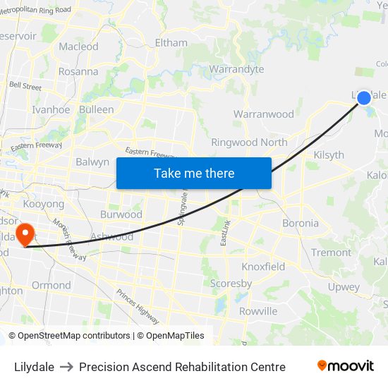 Lilydale to Precision Ascend Rehabilitation Centre map