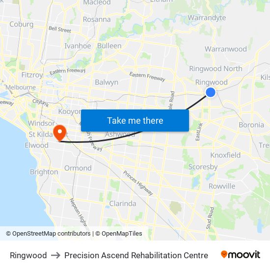 Ringwood to Precision Ascend Rehabilitation Centre map