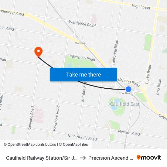 Caulfield Railway Station/Sir John Monash Dr (Caulfield East) to Precision Ascend Rehabilitation Centre map