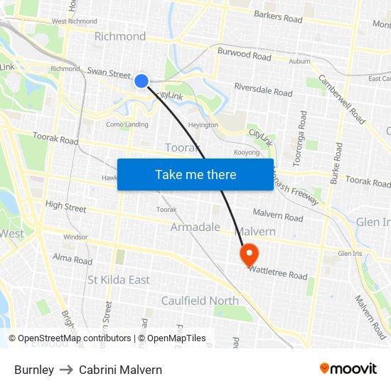 Burnley to Cabrini Malvern map