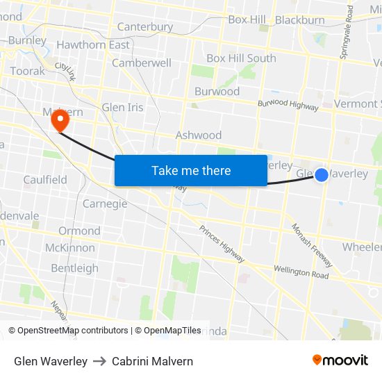 Glen Waverley to Cabrini Malvern map